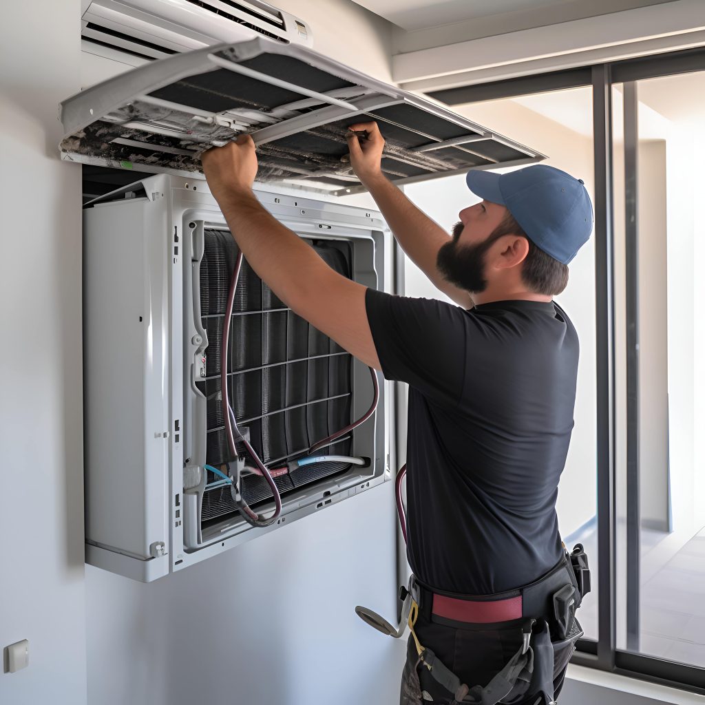technician repairing air conditioner with electrician fixing air conditioner min 1